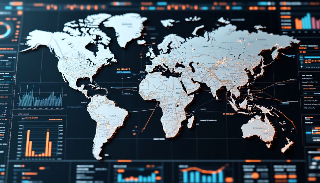 World map overlayed with digital marketing metrics and graphs — showcasing global reach and performance analytics.